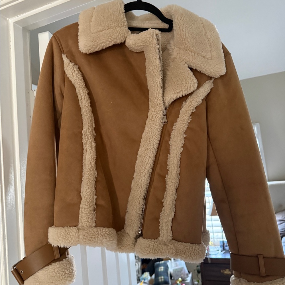 Express Tan Teddy Jacket with Cream Accents